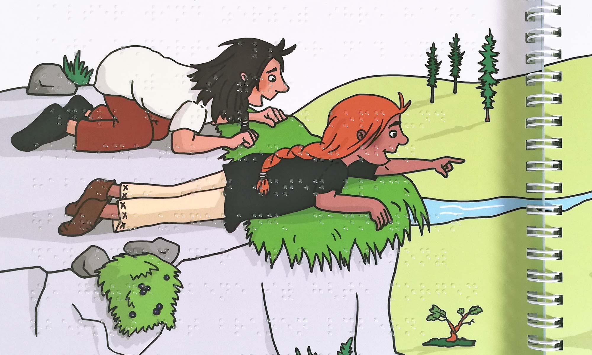 Close-up of avpage of the book. Kawi and Nuka are resting on a large boulder. There is transparent braille on the illustration.