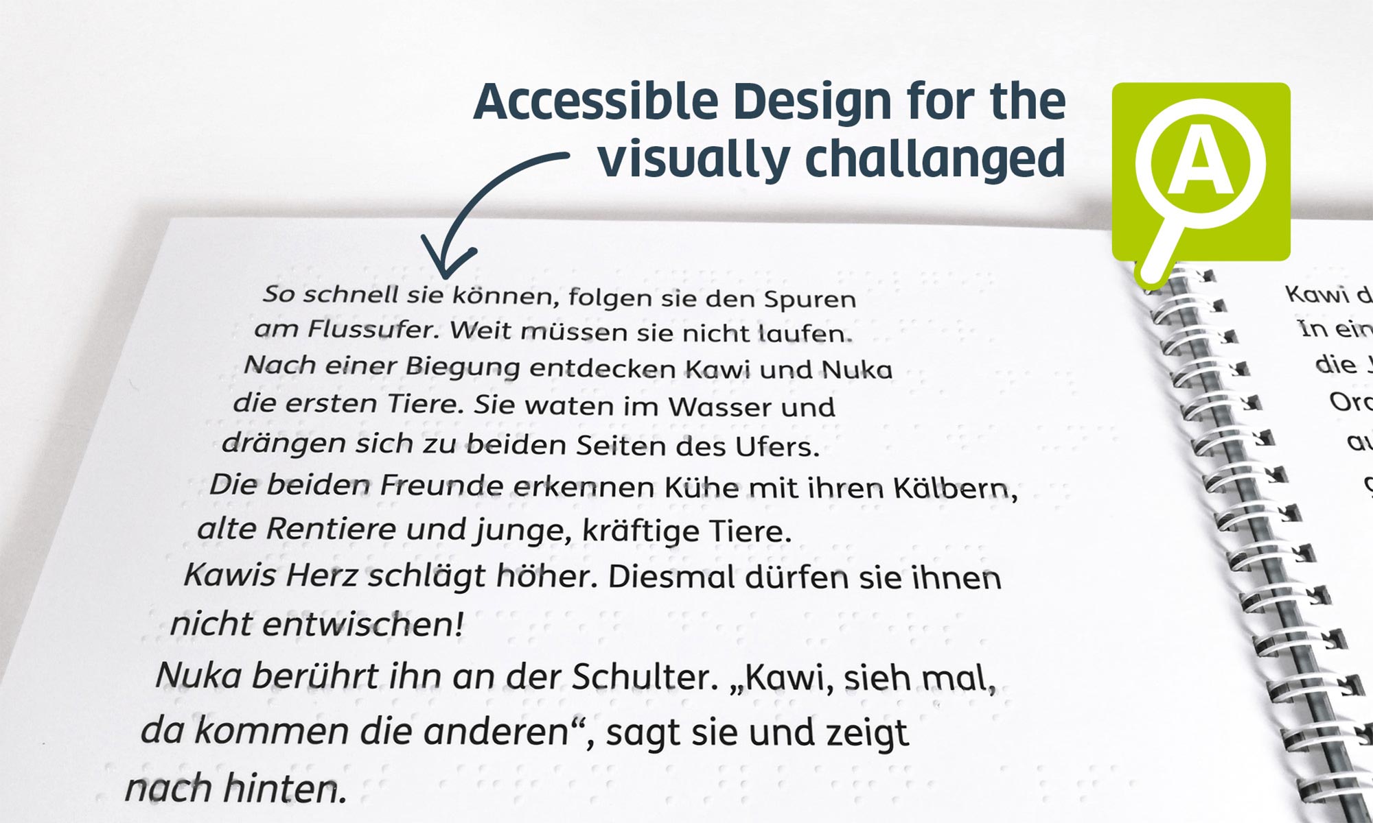 Excerpt from the presentation of the inclusive children's book ”Steinzeit-Abenteuer mit Kawi und Nuka”with marking of visually impaired-friendly design elements.