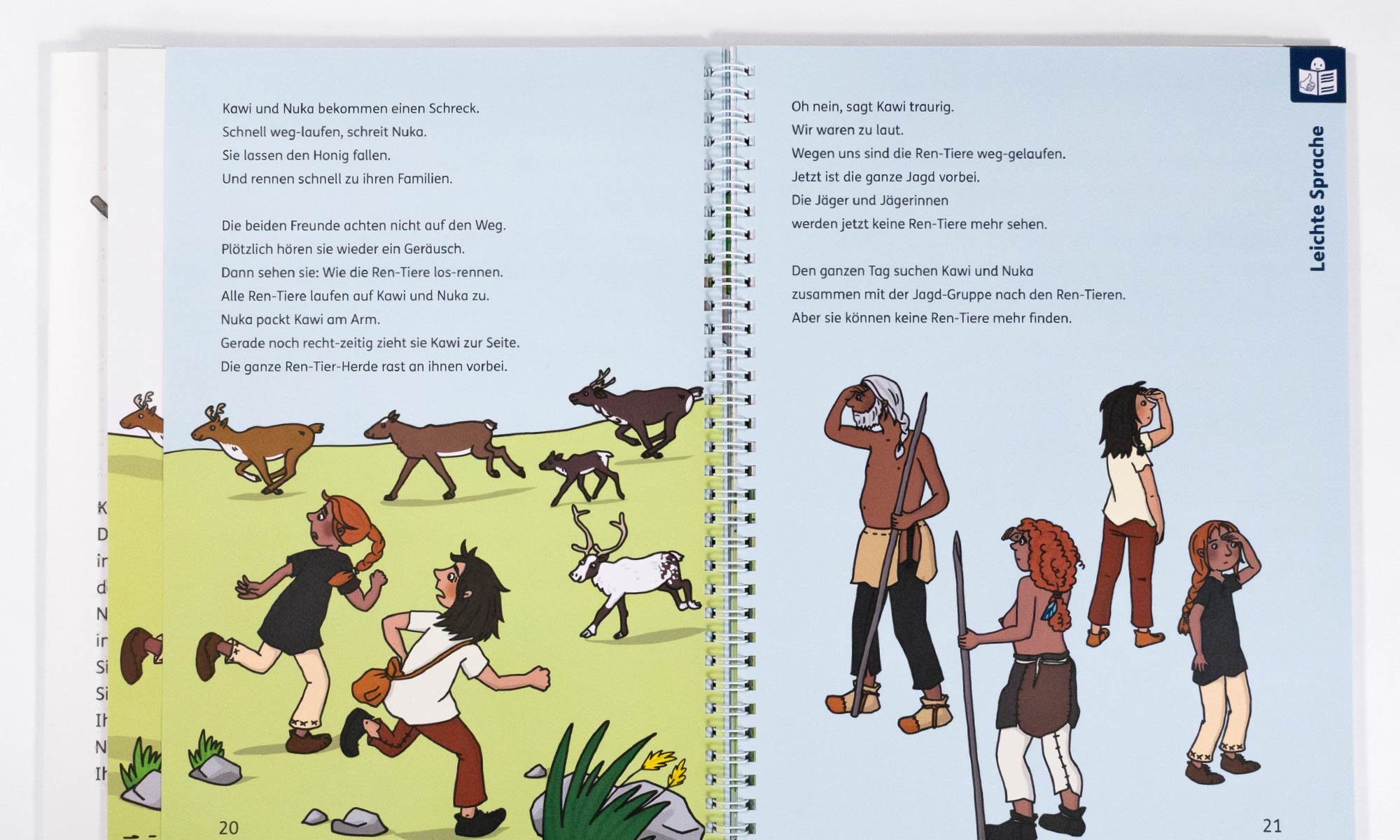 Picture of a double page of Easy Language page. There are illustrations and the text from the previous page as easy-to-read text.
