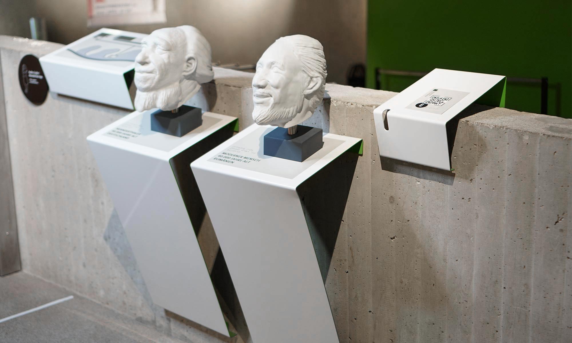 Two steel sheets bent at about 90 degrees are mounted on a concrete wall at an angle and projecting forwards. They stand next to each other and palpable models of Neanderthal heads are assembled on the upper surface. To the left and right of the tactile models are further tactile stations mounted on the approx. 1.50 metre high wall. The sheets are white and painted a light green towards the wall.
