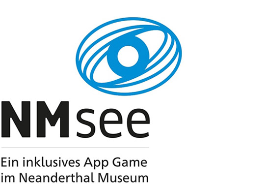 On the picture is the logo of the accessible app to the exhibition designed by inkl.Design. A circle is enclosed by an oval shape. Under the logo it says: NMSee -An inclusive app game at the Neanderthal Museum.