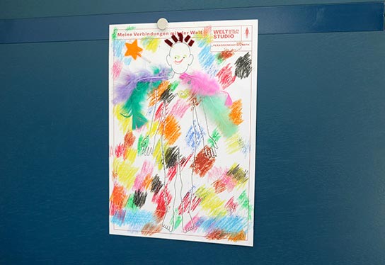 The photo shows one of the finished posters from the Body Cartographer. It is painted all over with bright colours.